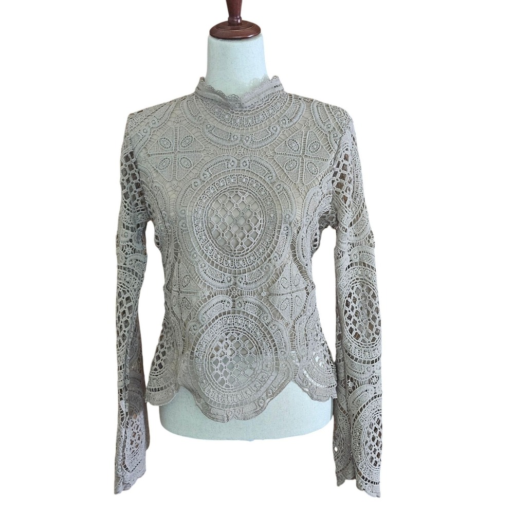 Ultra Pink Womens Crochet Lace Mock Neck Top Long Sleeve Taupe Size M